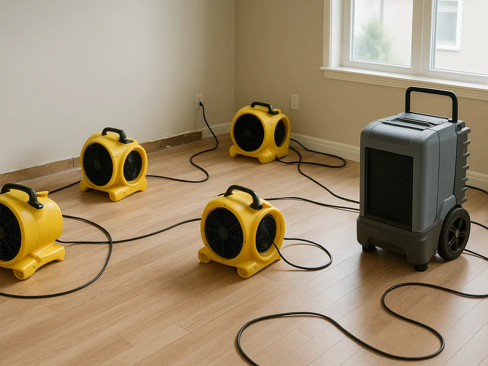 Air movers and a commercial dehumidifier drying a water-damaged room to a target moisture reading in Marion County, Florida.